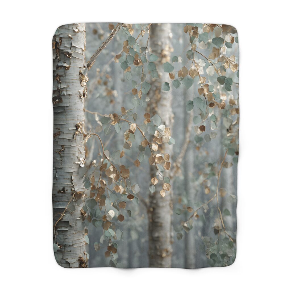 Birch & Gold Sherpa Blanket – Misty Golden Woodland Throw