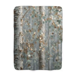 Birch & Gold Sherpa Blanket – Misty Golden Woodland Throw