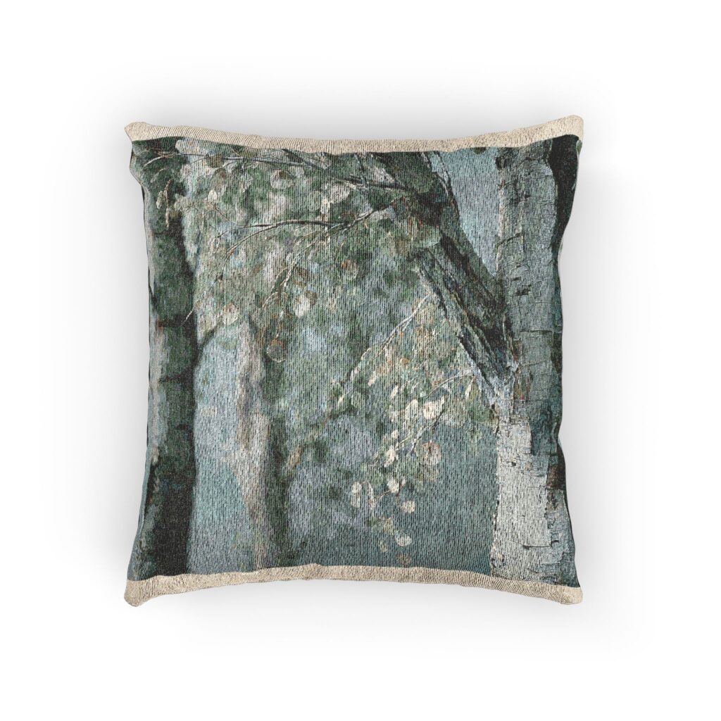 Silver Birch Woven Pillow – Soft Cosmic Botanical Cushion