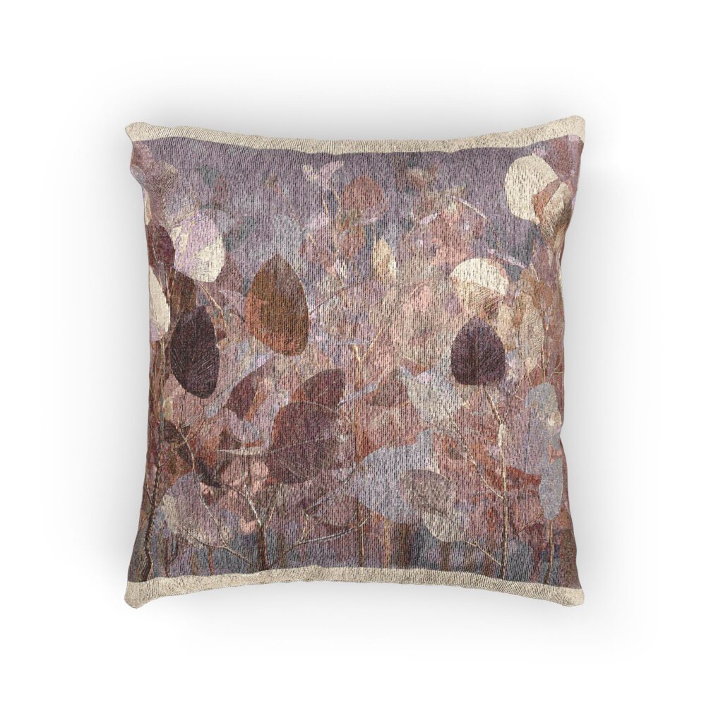 Blush Forest Woven Pillow – Soft Cosmic Botanical Cushion