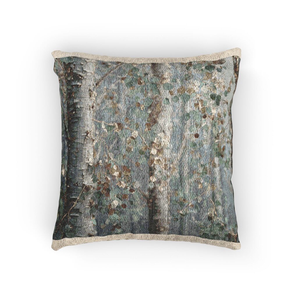 Misty Birch Woven Pillow – Soft Cosmic Botanical Cushion