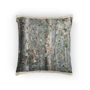 Misty Birch Woven Pillow – Soft Cosmic Botanical Cushion